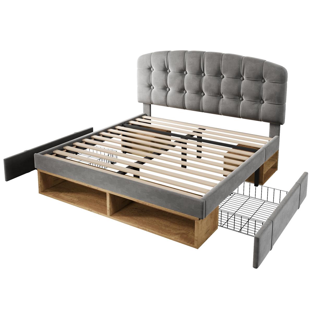 POLSTERBETT Samt Grau 140x200 mit Stauraum und verstellbarem Kopfteil - Grau, Textil (140/200cm) - Urban Meuble