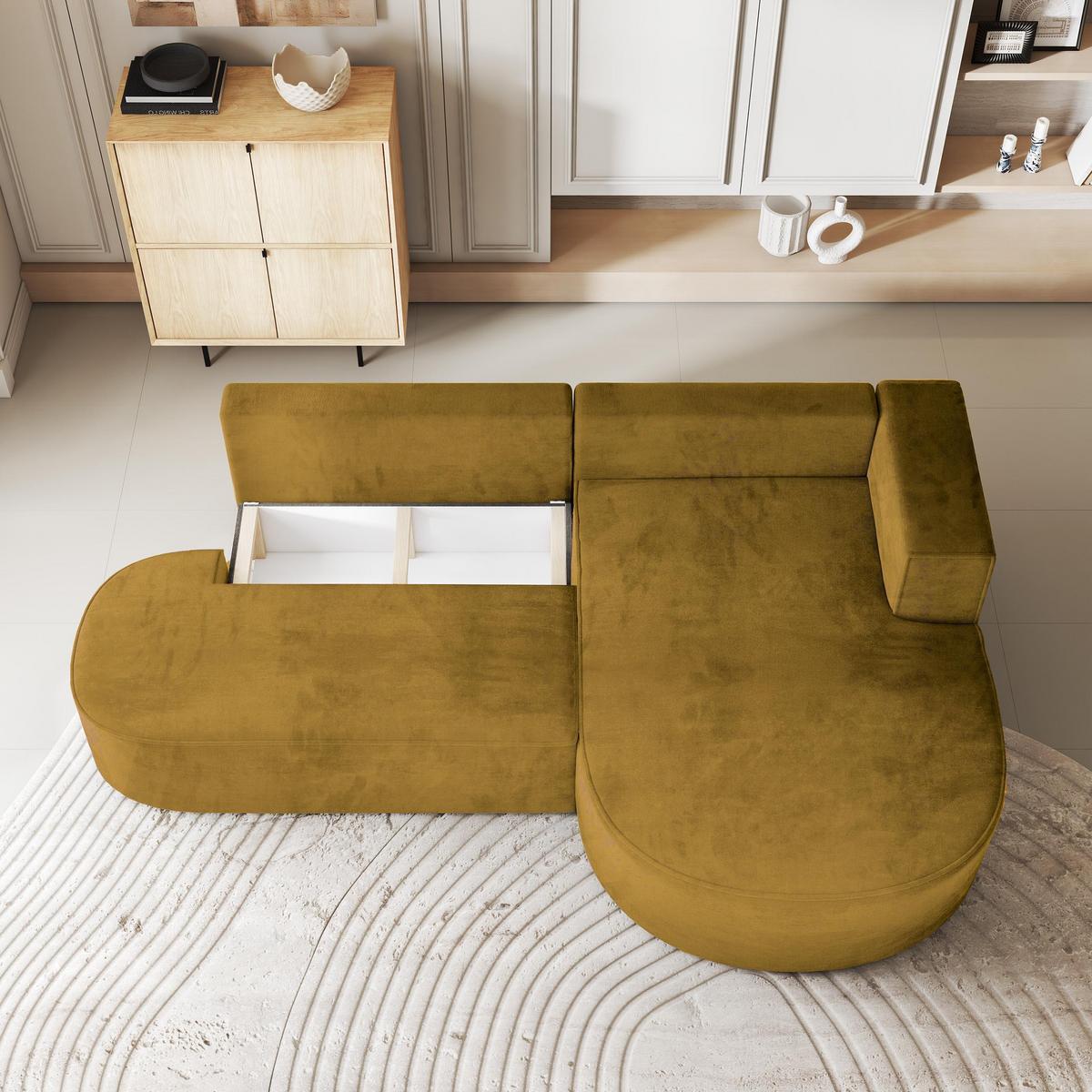 ECKSOFA CORTIO M R-S Gelb Velours-Stoff mit Schlaffunktion - Gelb/Grau, Holz/Kunststoff (265/174cm) - MASSENO