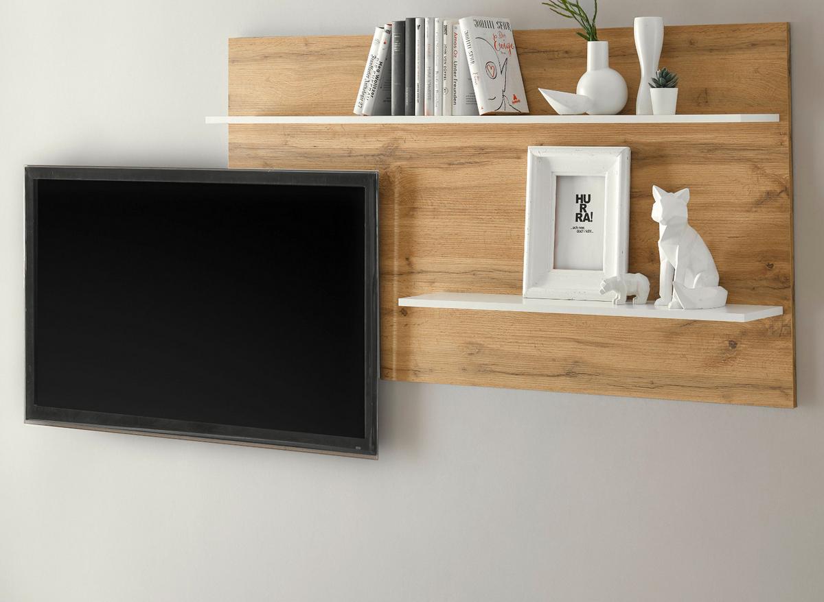 WANDREGAL Eiche Wotan, weiß 155 cm, Wandpaneel mit 2 variablen Regalböden - Weiß, Holzwerkstoff/Metall (155/80/20cm) - Furn.Design