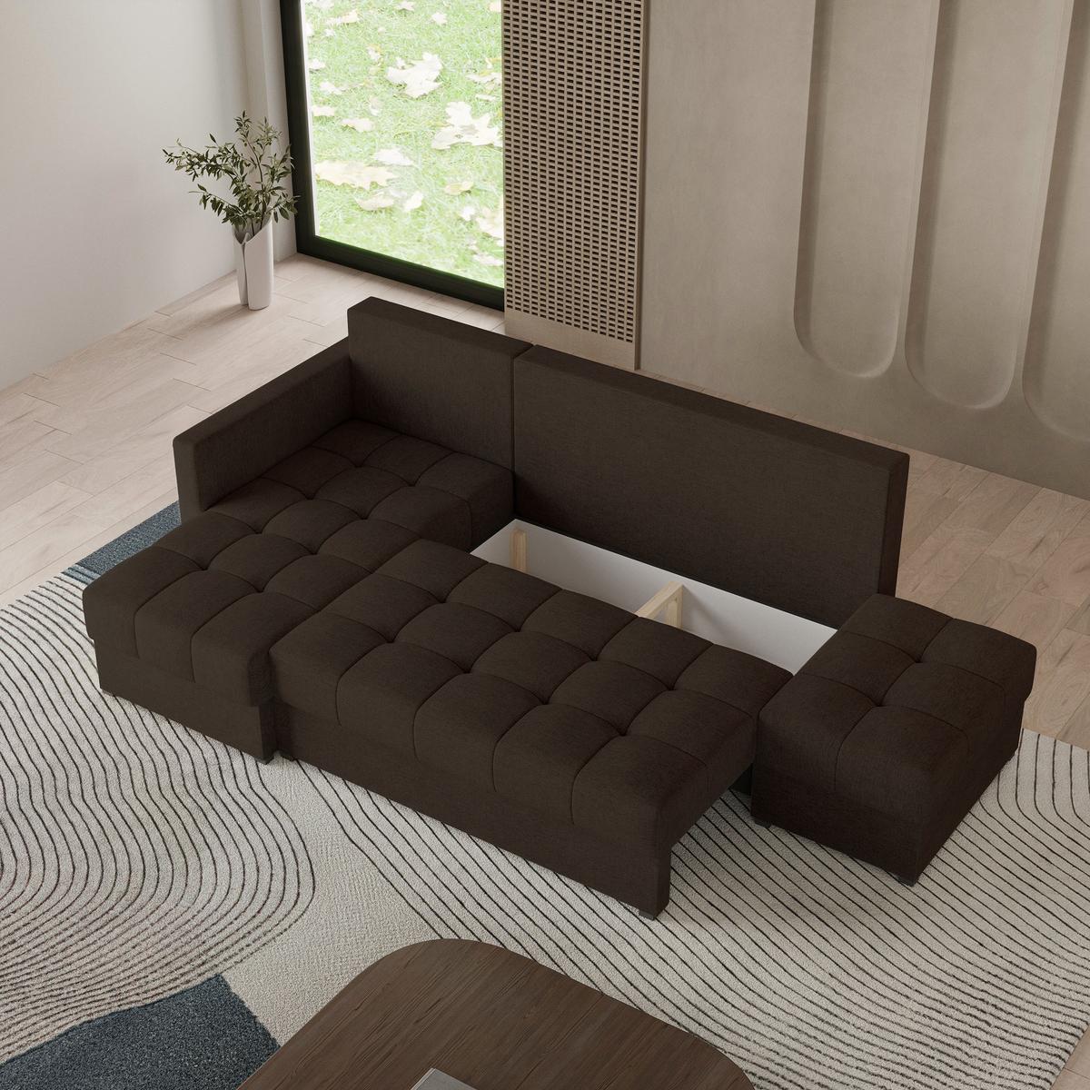 ECKSOFA LUMARI L-S Braun Plüsch-Stoff mit Schlaffunktion - Dunkelbraun, Holz (262/143cm) - MASSENO