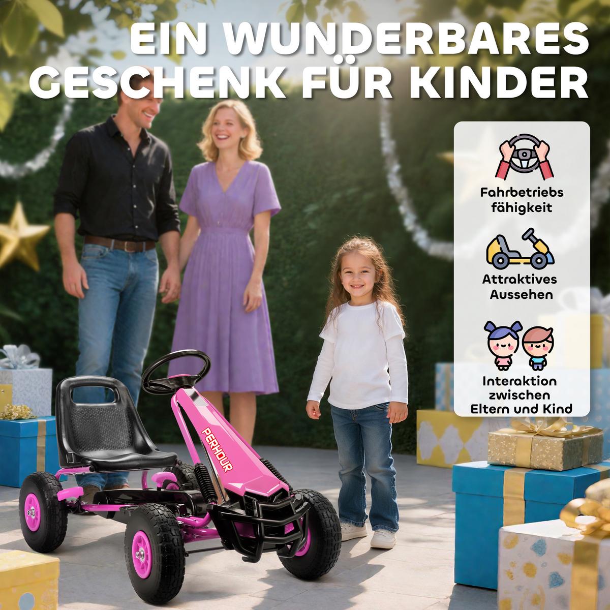 GOKART, Tretauto mit Handbremse, verstellbarem Sitz, Vor- und Rückwärtsgang - Rosa, Metall (110/61/62cm) - AIYAPLAY