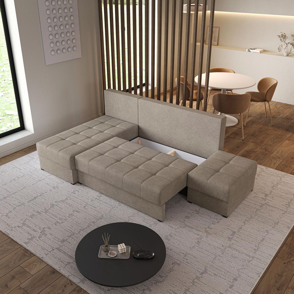 ECKSOFA NORVI Braun Geflochtener Stoff mit Schlaffunktion - Ecru, Holz (251/143cm) - MASSENO