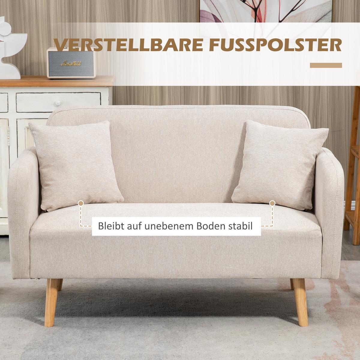 2 Sitzer Sofa, Couch mit 2 Wurfkissen, gepolsterter Doppelsofa mit Samtopik - Creme, Holz (70/80/130cm) - HOMCOM