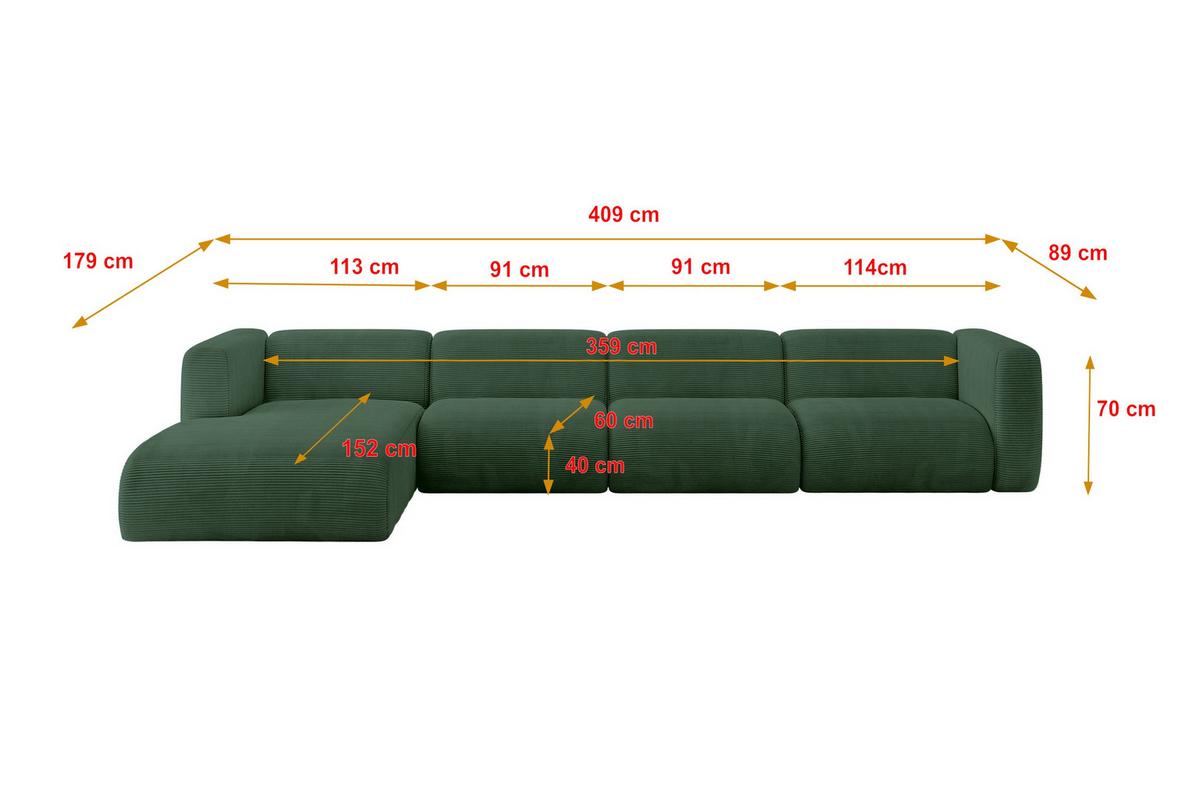 ECKSOFA Ottomane Links MIRA-L3 409x179x70 Grün Cord - Salbeigrün/Schwarz, Holzwerkstoff/Kunststoff (409/179cm) - ALTDECOR