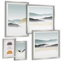 BILDER SET 5er Set - 50x50 cm & 20x30 cm & 40x60 cm Silberner Rahmen - Wellen – Japanische Kunstgrafik - Silberfarben, Kunststoff (40/60cm) - TULUP