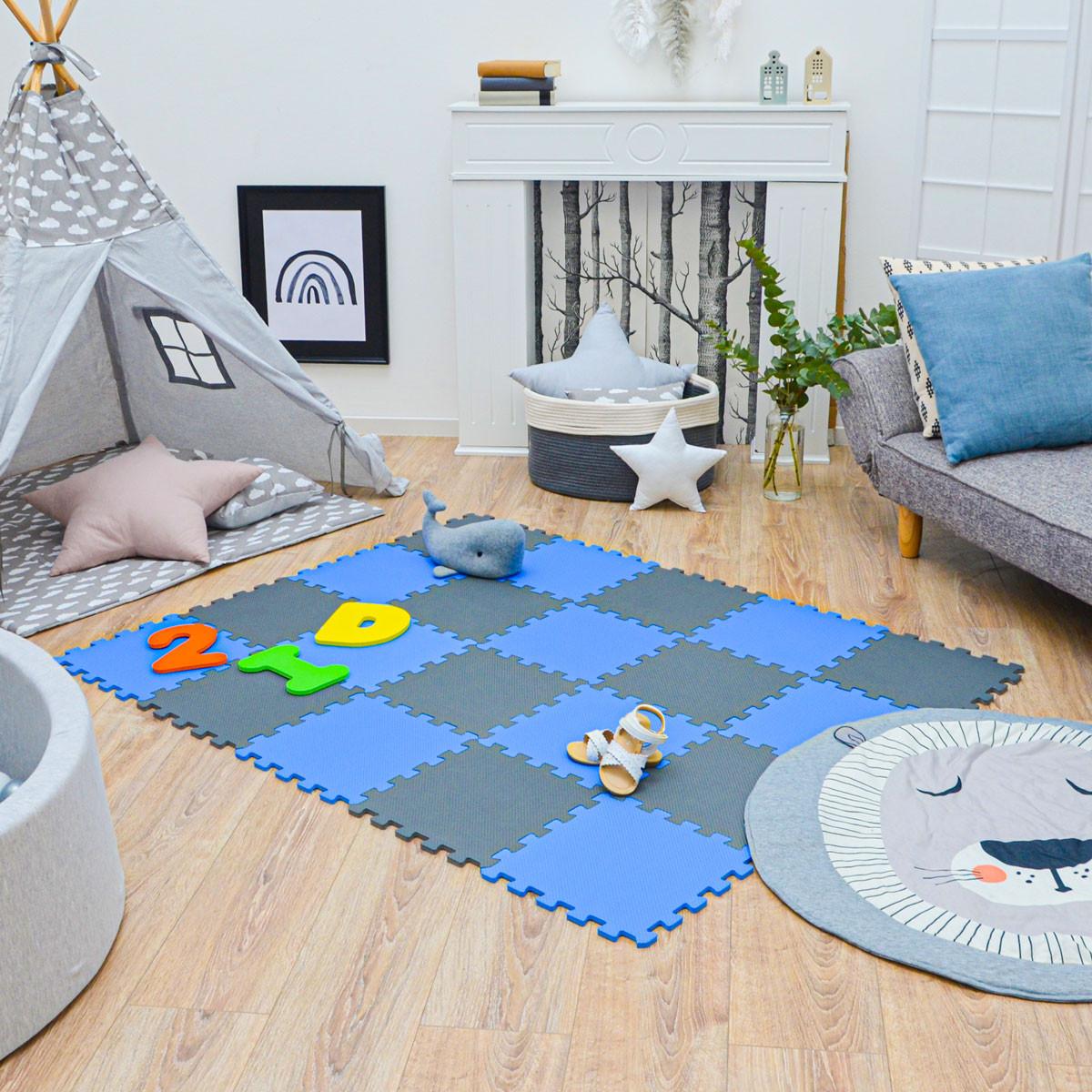 SPIELMATTE ab Null - 180/90/1 cm Puzzlematte Grau - Blau/Grau, Kunststoff (30/30cm) - Littletom