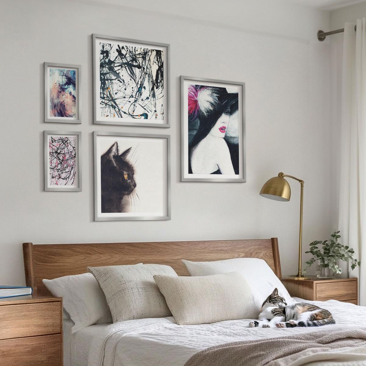 BILDER SET 5er Set - 50x50 cm & 20x30 cm & 40x60 cm Silberner Rahmen - Hintergrundmuster mit Pastellblumen - Silberfarben, Kunststoff (40/60cm) - TULUP