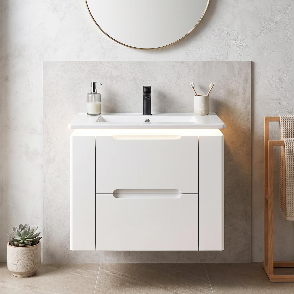WASCHTISCH mit Unterschrank Weiß Wandhängend mit LED-Licht, 2 Schubladen & Stauraum - Weiß, Holzwerkstoff (61/48.5/46cm) - Urban Meuble