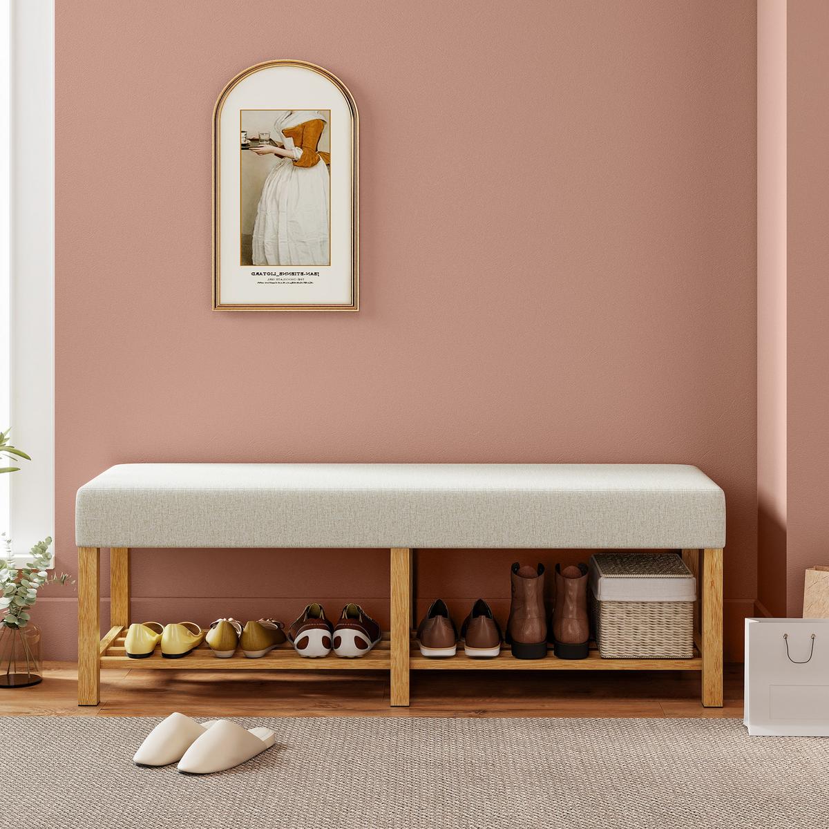SCHUHBANK Kautschukholz Polyester Cremeweiß - Creme, Holz (140/48/44cm) - HOMCOM
