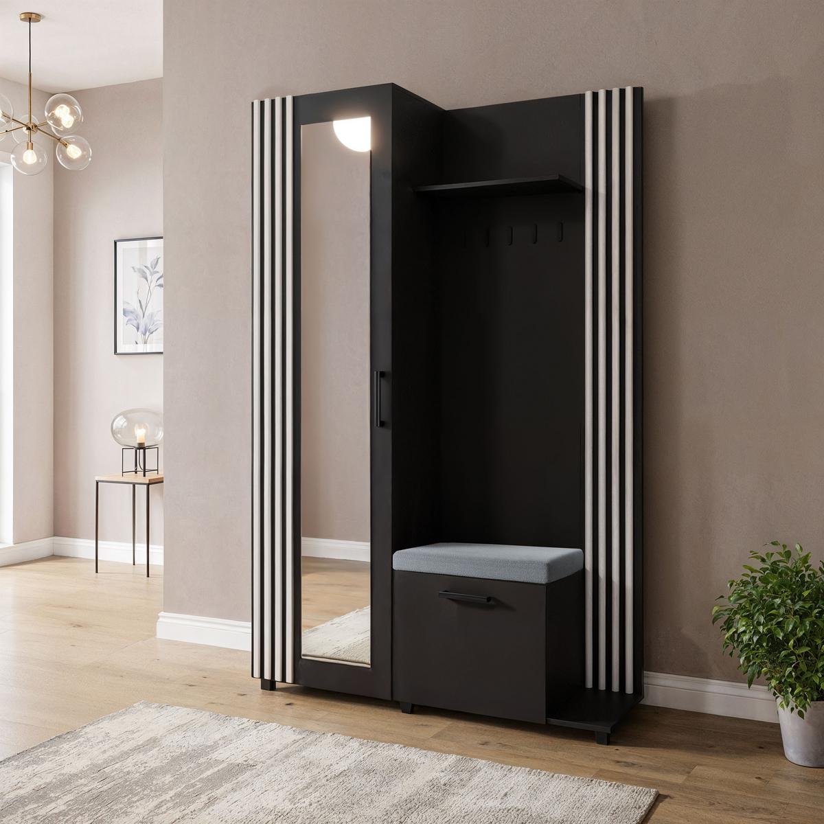 GARDEROBE Linaro mit Spiegel, Sitzbank in Lamellen-Optik 137/207/42 cm, Rechts - Schwarz, Holzwerkstoff (137/207/42cm) - WFL GROUP