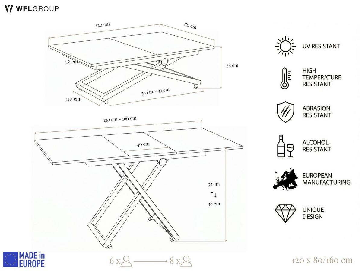 COUCHTISCH Axen höhenverstellbar ausziehbar, Eiche Braun 120-160/80/38-75 cm - Greige/Schwarz, Holzwerkstoff/Metall (80/160/75cm) - WFL GROUP