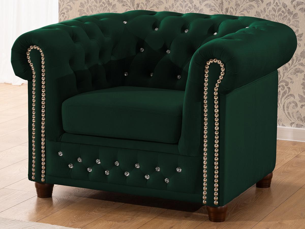 CHESTERFIELD-SESSEL Cleo Blink Flasche Grün Samt mit Kristallsteppung und braunen Massivholzfüßen - Beige/Braun, Holz/Textil (104/72/86cm) - S-Style Möbel