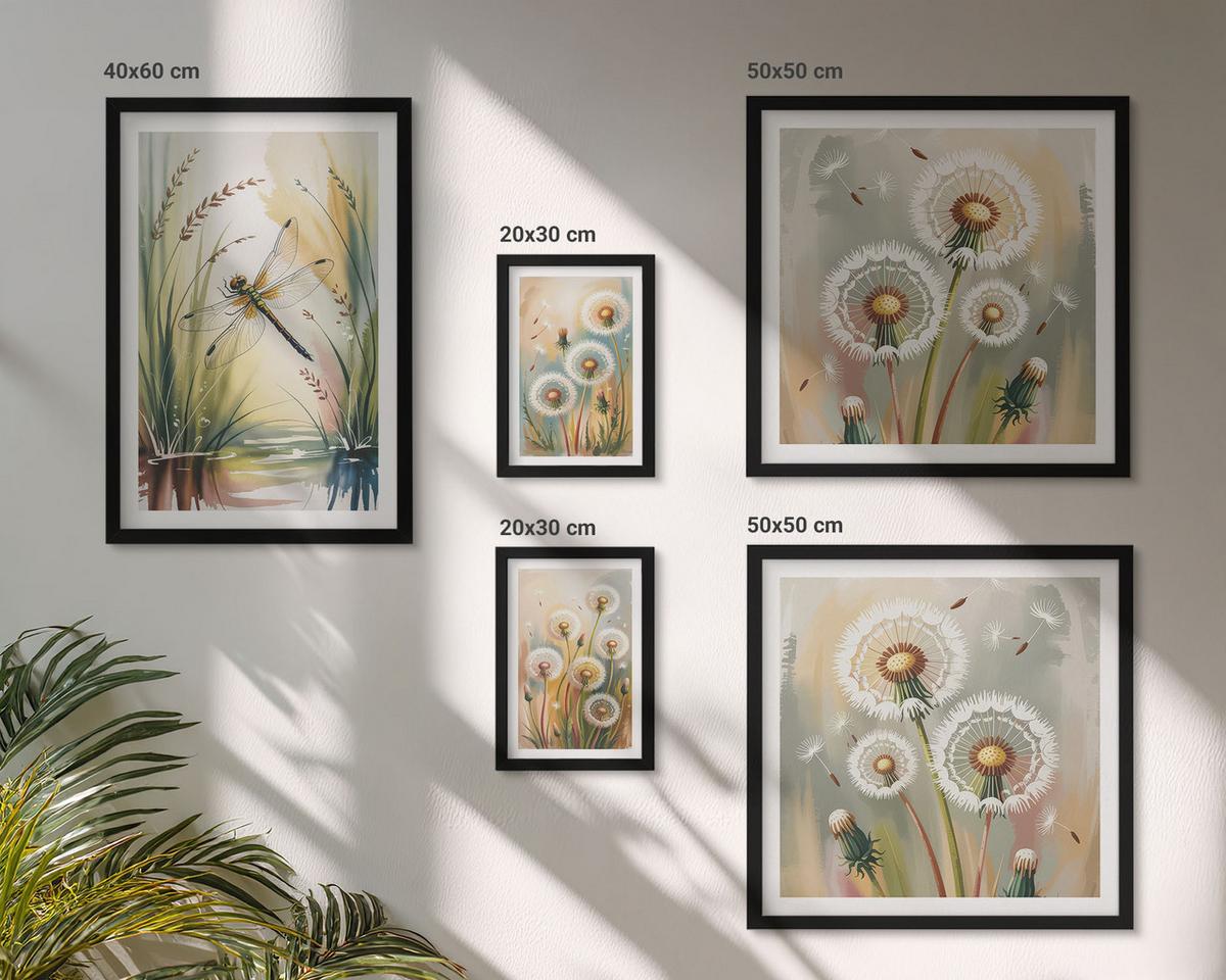 BILDER SET 5er Set - 50x50 cm & 20x30 cm & 40x60 cm Schwarzer Rahmen - Pastellfarbene Löwenzahnblüten - Schwarz, Kunststoff (40/60cm) - TULUP