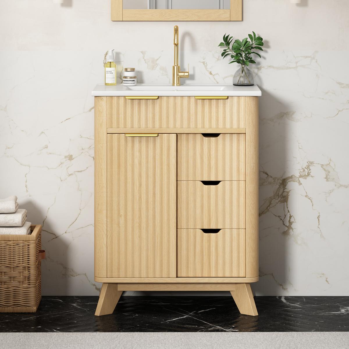 WASCHTISCHUNTERSCHRANK Holzoptik mit Wellenmuster, Schiebetür & 3 Schubladen - Naturfarben, Holzwerkstoff (61/90/47cm) - Urban Meuble
