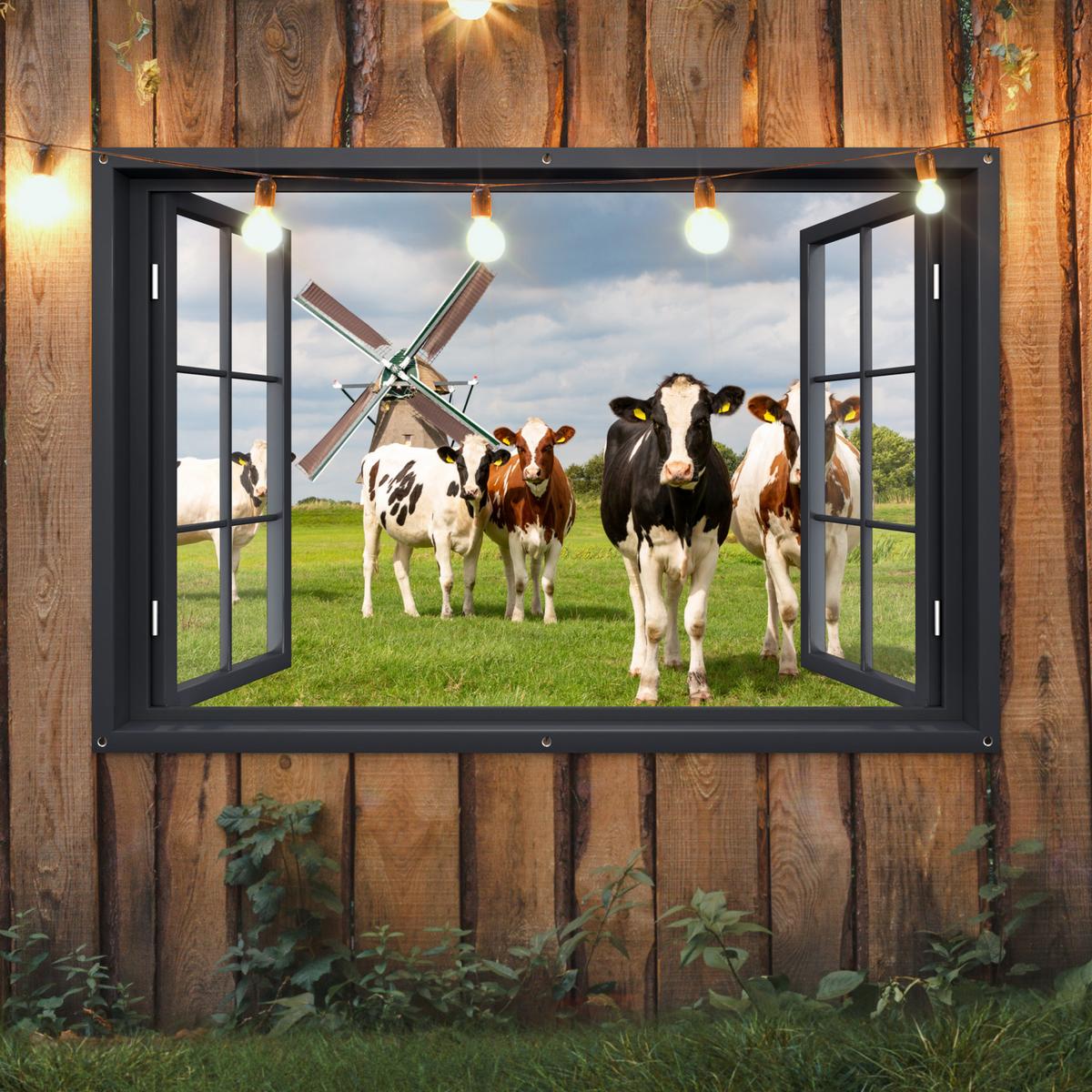 GARTENPOSTER Aussicht - Kuh - Mühle - Kühe - Wiese - Gras - Grün Poster für draußen 180x120 cm - Anthrazit, Kunststoff (180/120/0.2cm) - OnlyWow