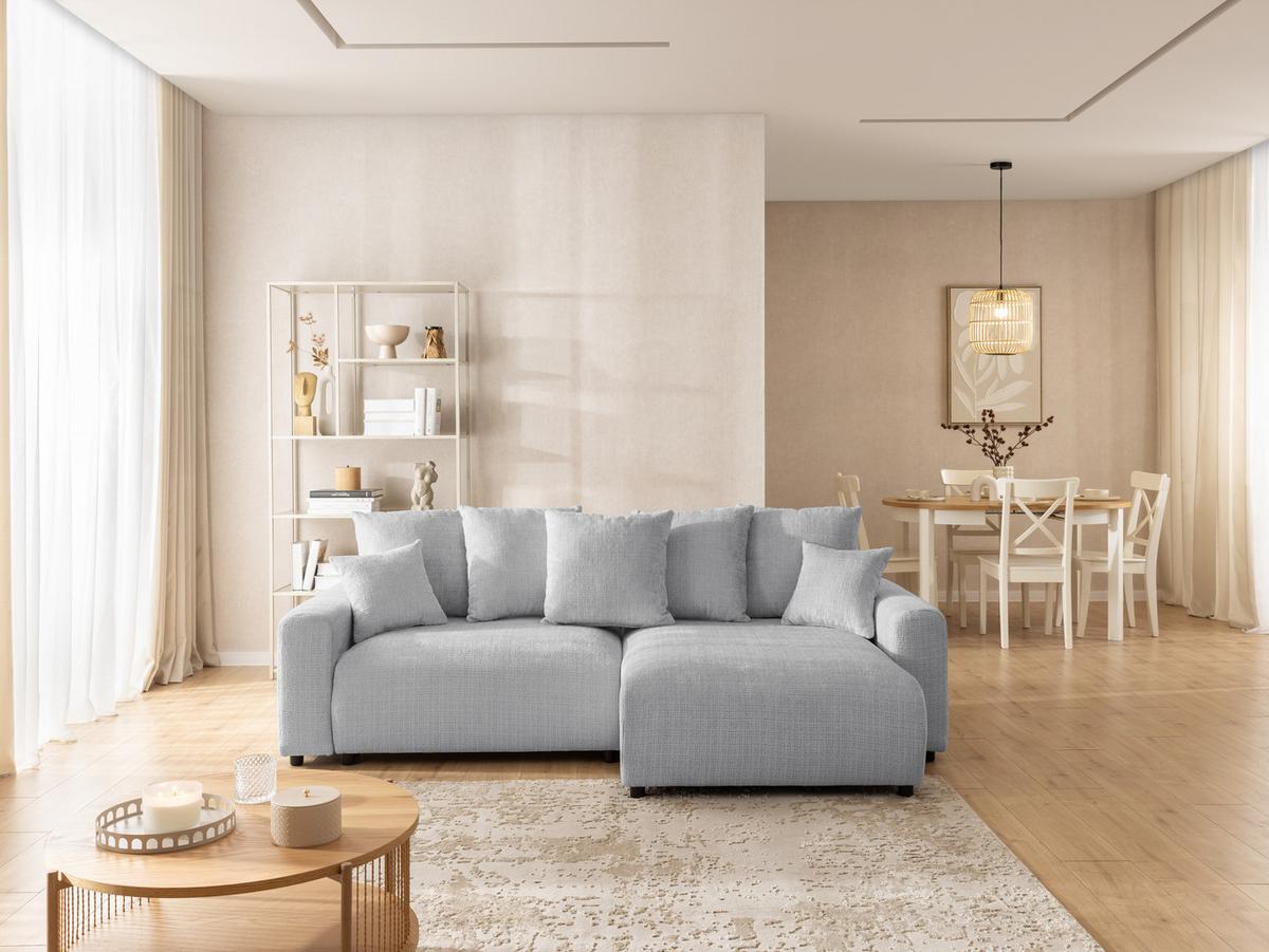 ECKSOFA Calma mit Schlaffunktion und Bettkasten im Bumpy-Design aus weichem Hellgrau Chenille-Stoff - Ottomane rechts - Beige/Hellgrau, Holz/Kunststoff (239/140cm) - S-Style Möbel
