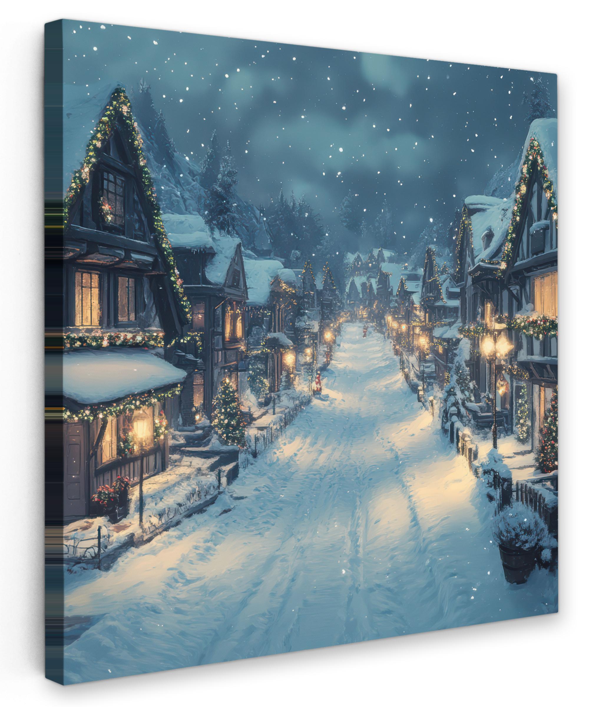 LEINWANDBILD Weihnachtsdorf - Weihnachten - Schnee - Winter Deko Wohnzimmer 20x20 cm - Dunkelblau, Textil (20/20cm) - MuchoWow