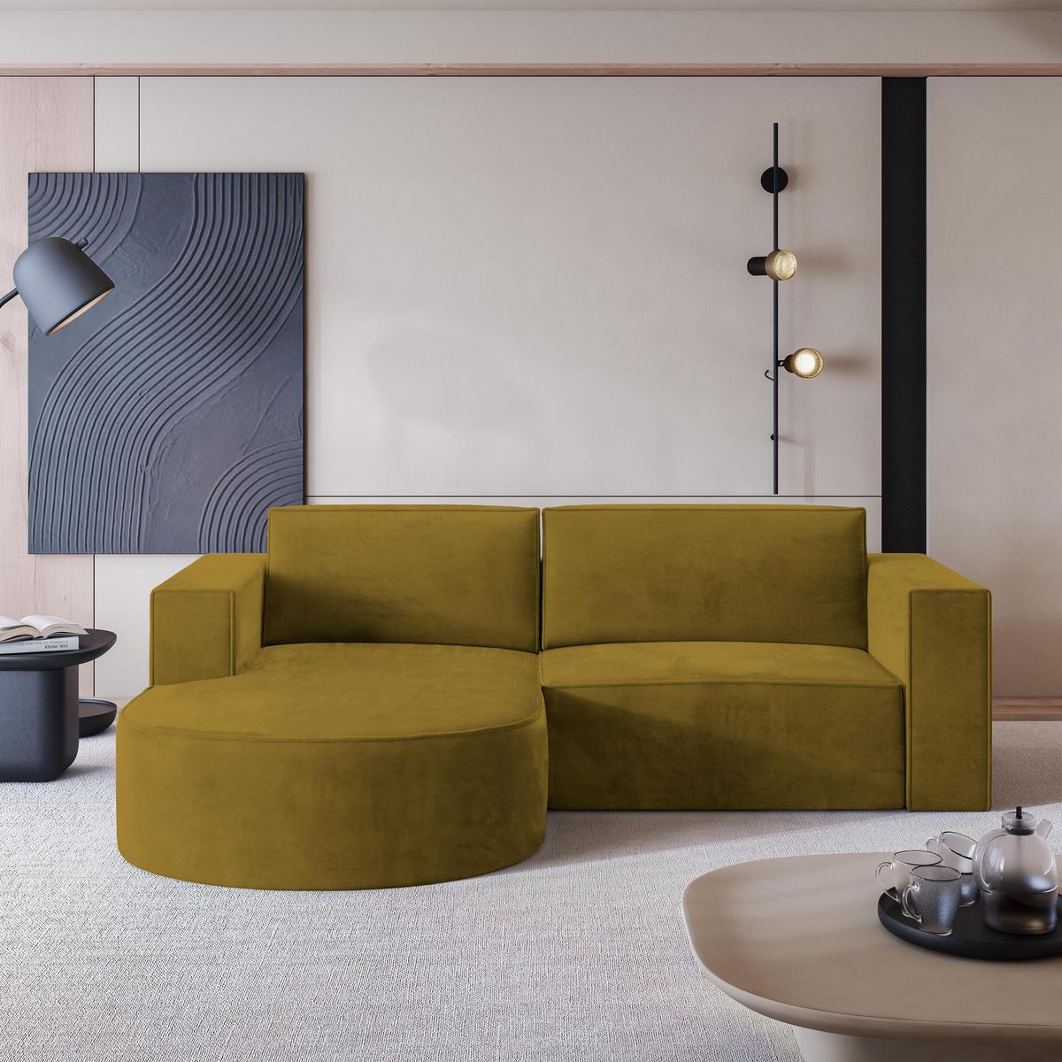 ECKSOFA SORELA M L-S Gelb Velours-Stoff mit Schlaffunktion - Gelb, Holz (263/174cm) - MASSENO