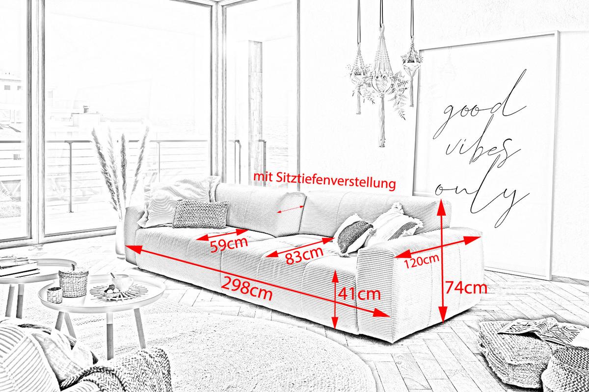 SOFA MIT SITZTIEFENVERSTELLUNG PALACE Grün Cord Relaxfunktion - Schwarz/Olivgrün, Kunststoff/Textil (298/74/120cm) - KAWOLA