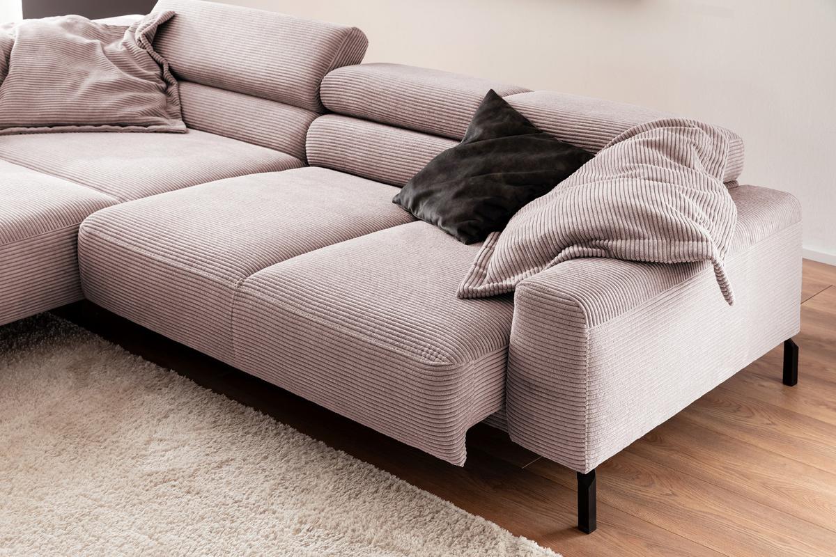 ECKSOFA DELIA Pink Cord Relaxfunktion - Schwarz/Rosa, Textil/Metall (276/219cm) - KAWOLA