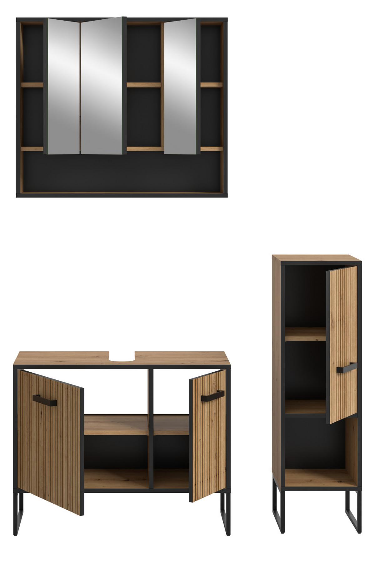 BADMÖBEL-SET 3-teilig Eiche Artisan, schwarz 125 cm, Badkombination mit Soft-Close - Schwarz/Eiche Artisan, Glas/Holzwerkstoff (125/192/36cm) - Inn.Furn
