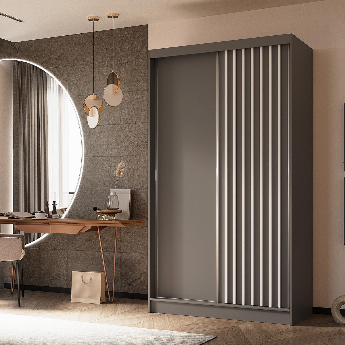 SCHWEBETÜRENSCHRANK Helios II 120/216/61 grau+weiß mit Schubladen - Weiß/Grau, Holzwerkstoff (120/216/61cm) - Beautysofa
