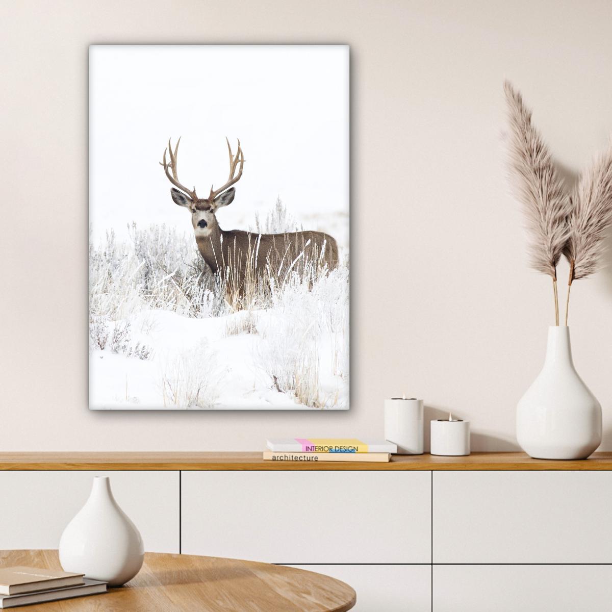 LEINWANDBILD Hirsche - Winter - Schnee - Tiere - Jahreszeiten - Weiß Wandbild Wohnzimmer 60x80 cm - Hellbraun, Textil (60/80cm) - MuchoWow