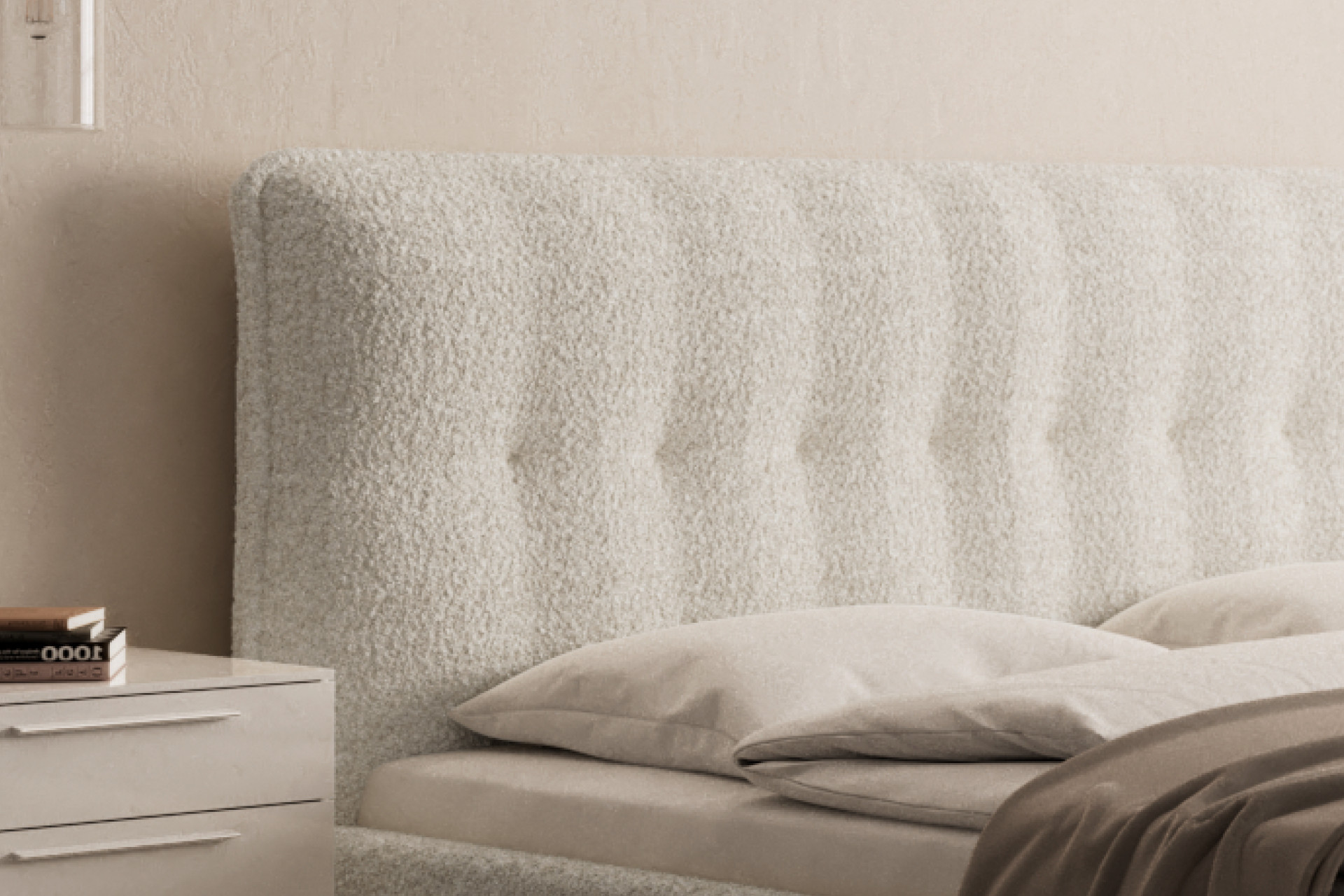 Polsterbett Elfenbein gepolstertes Kopfteil Bezug Bouclé Knopfnaht