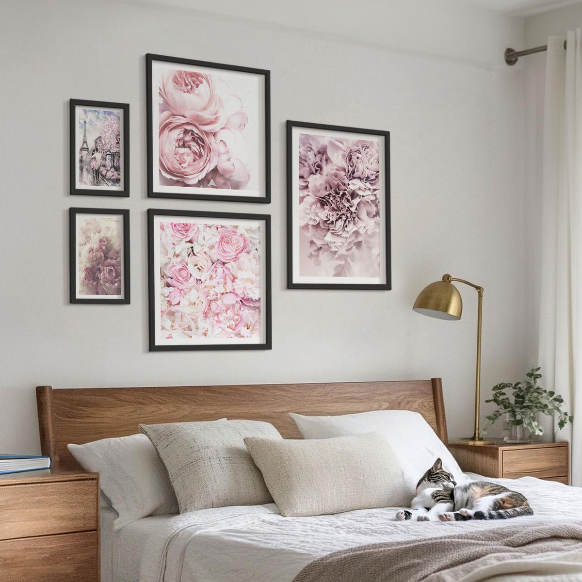 BILDER SET 5er Set - 50x50 cm & 20x30 cm & 40x60 cm Schwarzer Rahmen - Rosa Blumen, romantische Landschaft - Schwarz, Kunststoff (40/60cm) - TULUP
