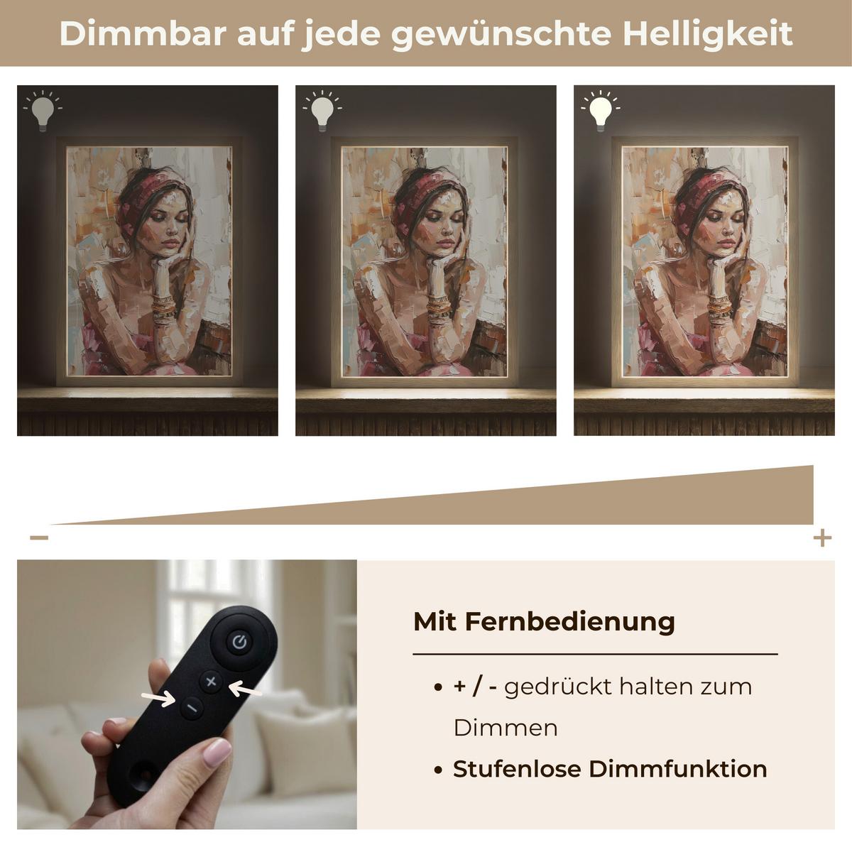 WANDLEUCHTE MIT AKKU Frau - Lackierung - Porträt - Modern 30x40 cm - Braun, Holzwerkstoff (30/40/8cm) - OnlyWow