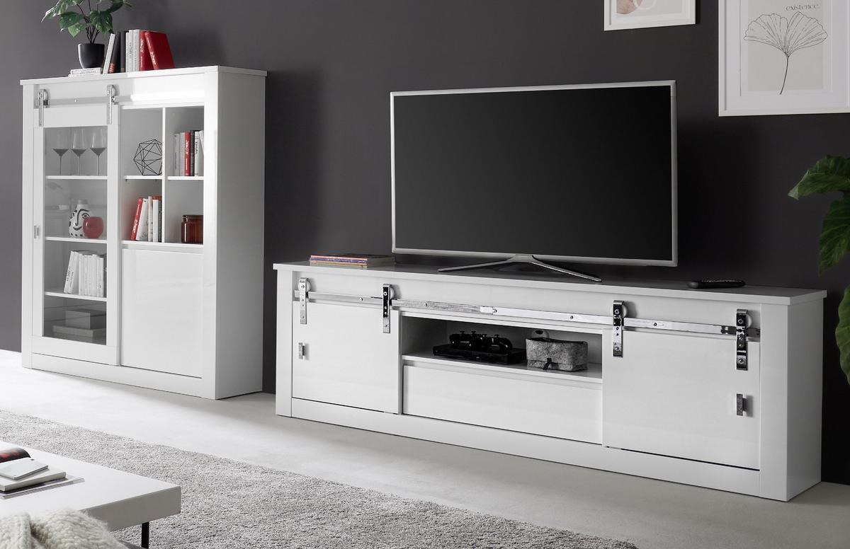 WOHNWAND weiß Hochglanz 2-teilig, Wohnkombination inklusive LED-Beleuchtung - Chromfarben/Weiß Hochglanz, Glas/Holzwerkstoff (349/153/43cm) - Furn.Design