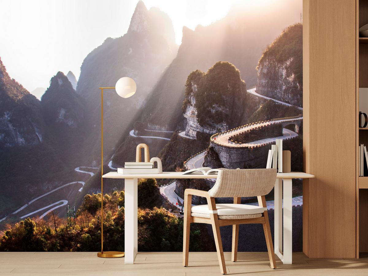 FOTOTAPETE für Wohnzimmer Felsige Bergstraße Sonnenuntergang 350x256 - Beige/Gelb, Papier (350/256cm) - Muralo