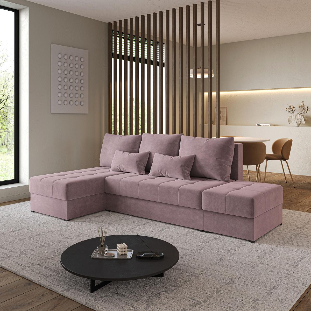 ECKSOFA NORVI Rosa Plüsch-Stoff mit Schlaffunktion - Rosa, Holz (251/143cm) - MASSENO