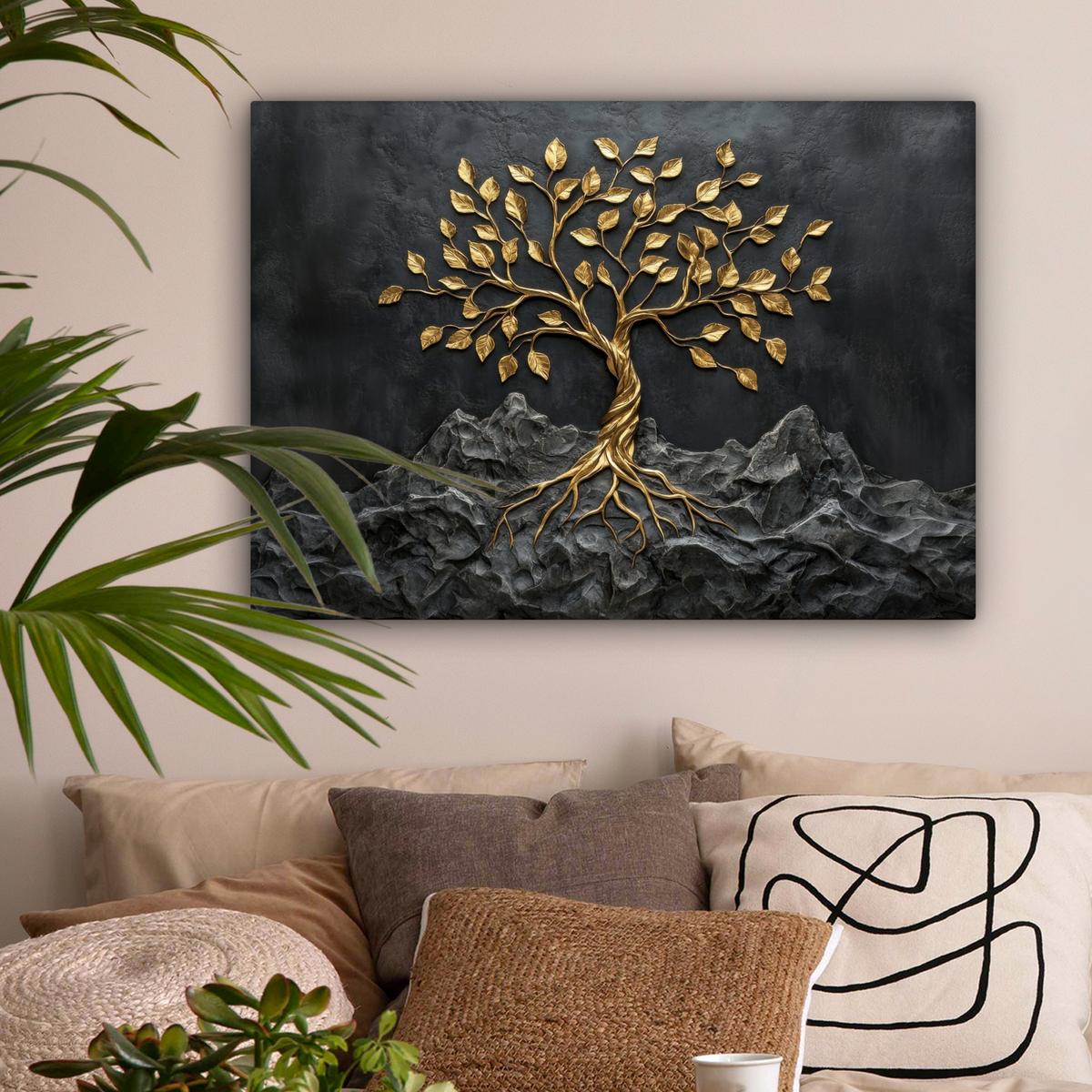 LEINWANDBILD Blätter - Gold - Baum - Fels Wandbilder 80x60 cm - Schwarz, Textil (80/60cm) - MuchoWow