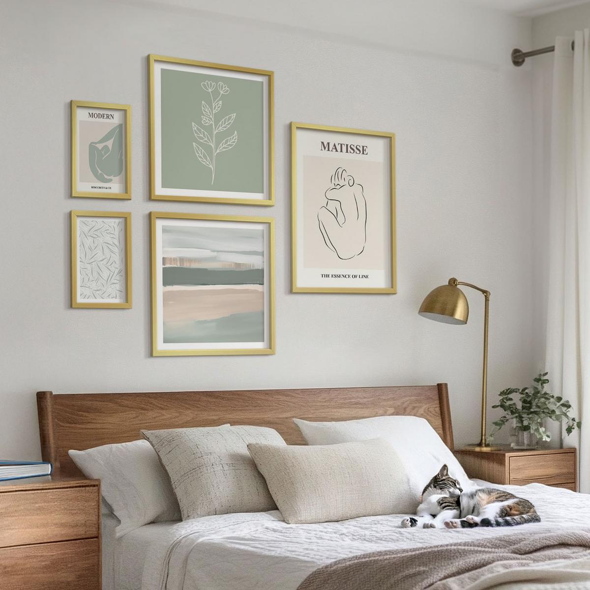 BILDER SET 5er Set - 50x50 cm & 20x30 cm & 40x60 cm Goldrahmen - Abstrakte Pflanzenformen - Goldfarben, Kunststoff (40/60cm) - TULUP