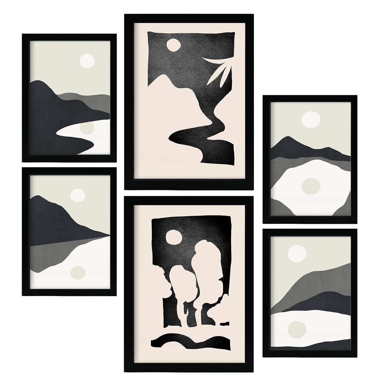 POSTER Set Mit 6 Mitternachtsmond In Kulissen Abstracts Ästhetische Dekorative Gemälde Für Ihr Wohnzimmer Zuhause A3 & A4 Schwarzer Rahmen - Schwarz, Papier (29/3cm) - Nacnic