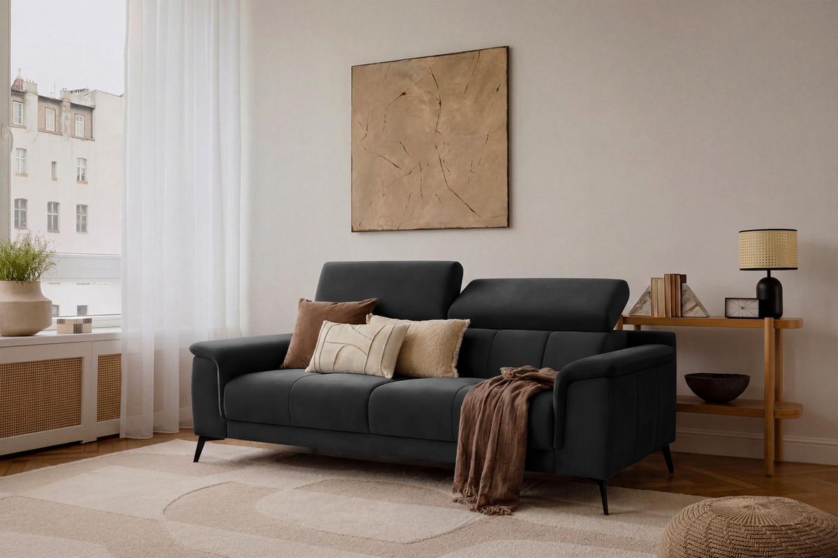 SOFA FIERO 3-Sitzer, Schwarzer Veloursstoff - Schwarz, Holz/Textil (212/82/103cm) - Courtois Laville