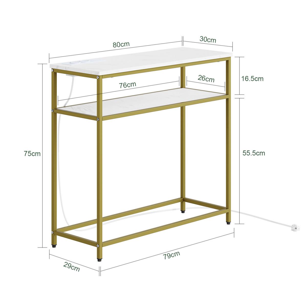 KONSOLENTISCH mit 2 Ablagen und 2 Steckdosen modern 80x30x75 cm - Goldfarben/Weiß, Holzwerkstoff/Metall (30/80/75cm) - SoBuy