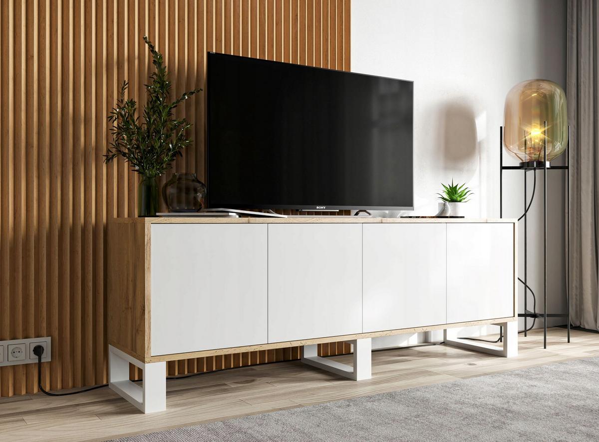 TV-SCHRANK Apollo2 Eiche wotan Weiß Matt mit Metallbeinen 150/53/35 cm - Weiß, Holzwerkstoff/Metall (150/53/35cm) - Meble Lindner