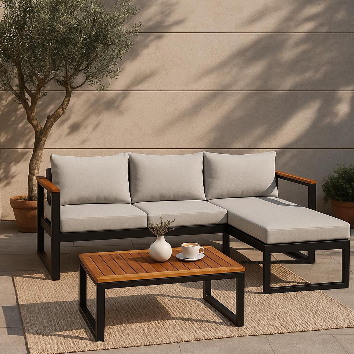 GARTEN-GARNITUR L26B 3ER-SET Braun, Hellgrau - Hellgrau/Braun, Textil - MCW