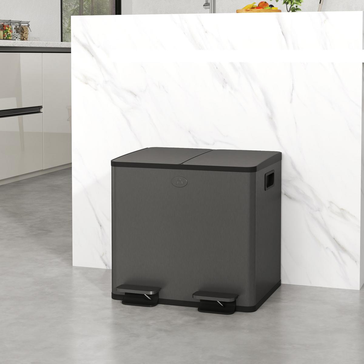 MÜLLEIMER 2 x 15L Mülltrennsystem Edelstahl mit Softclose Deckel Schwarz - Schwarz, Kunststoff (36.6/43.2/41.7cm) - HOMCOM