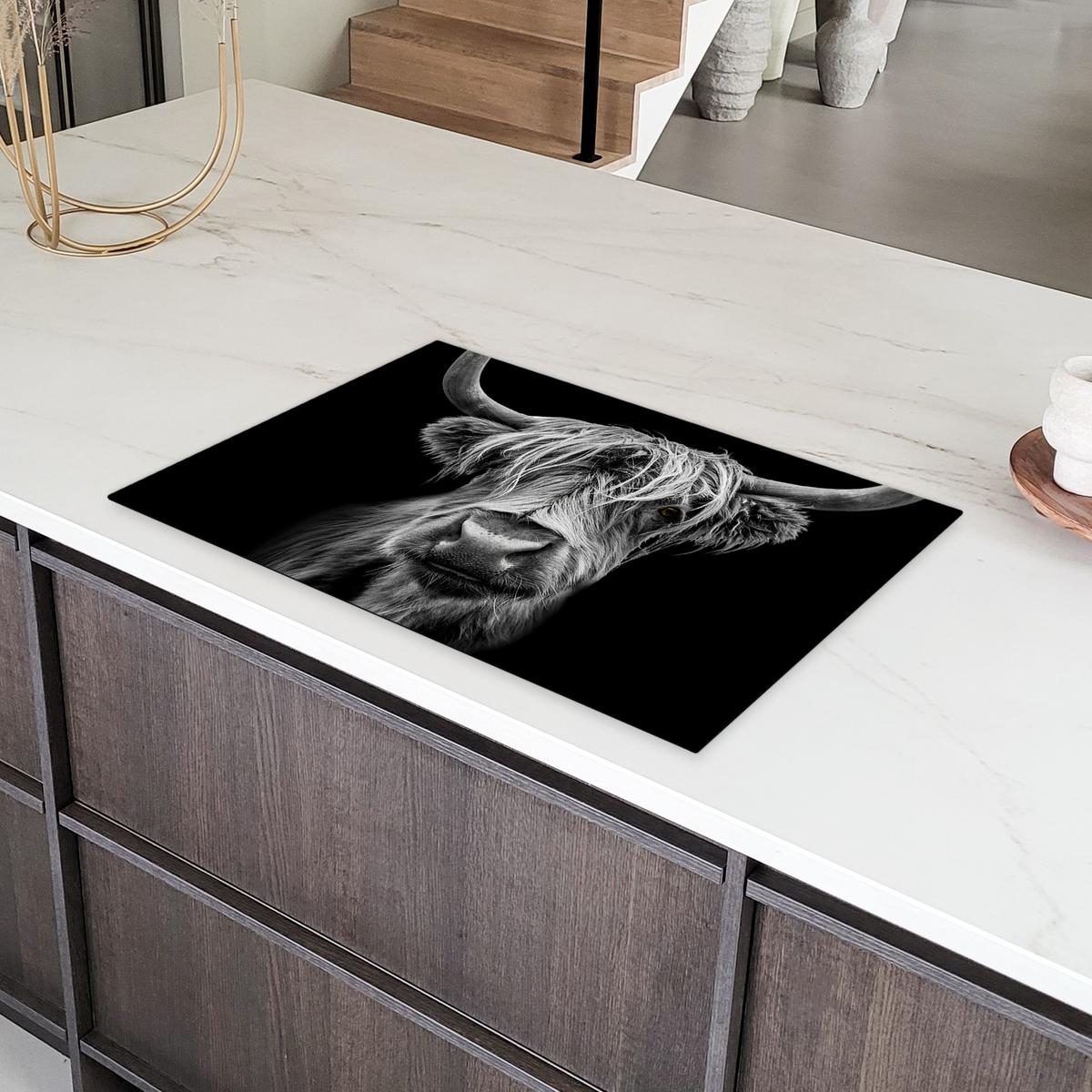 HERDABDECKPLATTE Schottischer Highlander - Hörner - Schwarz - Weiß - Kuh - Wild - Tiere Induktionsmatte 81x52 cm - Schwarz, Kunststoff (81/52/0.2cm) - MuchoWow