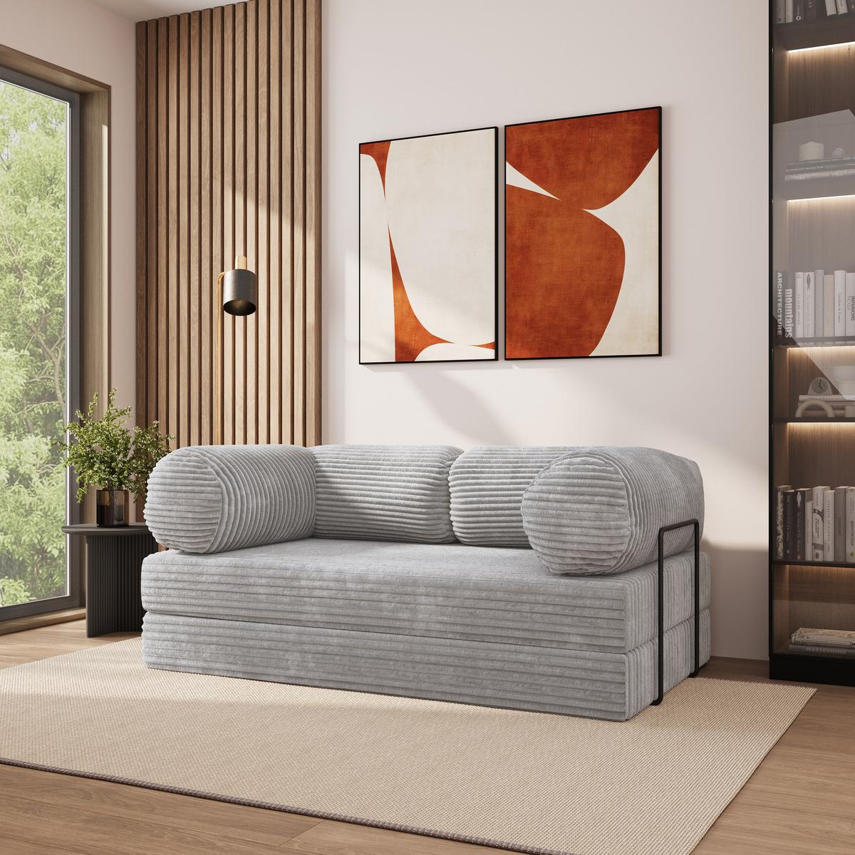 BETTSOFA ALVIO aus Schaumstoff Kordstoff Hellgrau Schlaffunktion - Grau, Textil (170/68/80cm) - MASSENO