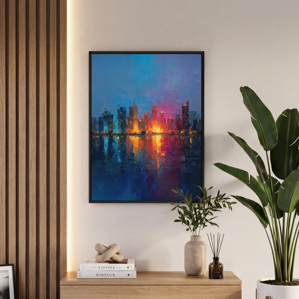 LEINWAND Bilder mit Rahmen - Skyline - Pinselstriche - Dunkelblau - Leuchtend - 60x80 - Blau, Textil (60/80cm) - MuchoWow