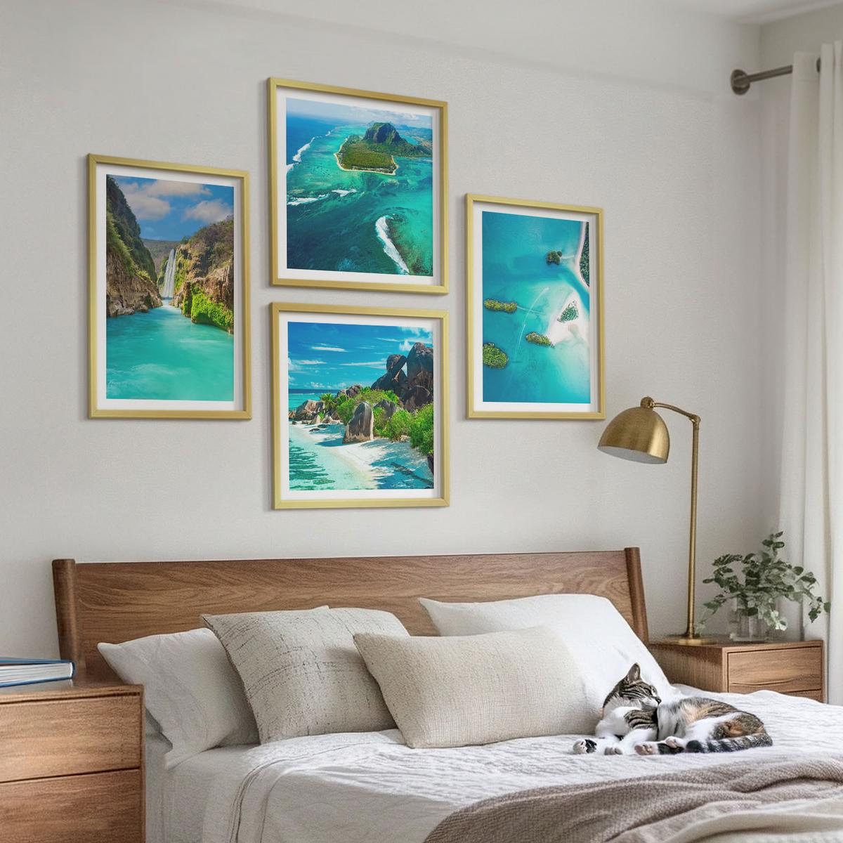 BILDER SET 4er Set - 50x50 cm & 40x60 cm Goldrahmen - Tropische türkisfarbene Inseln - Goldfarben, Kunststoff (50/50cm) - TULUP