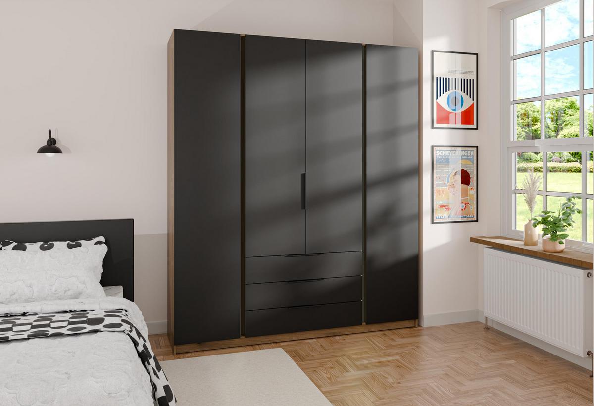 KLEIDERSCHRANK Nehir Eiche Evoke/Schwarz 200 cm - 4T3S Modern mit Schubladen - Eichefarben/Schwarz, Holzwerkstoff/Kunststoff (200/239/61.9cm) - AX Living