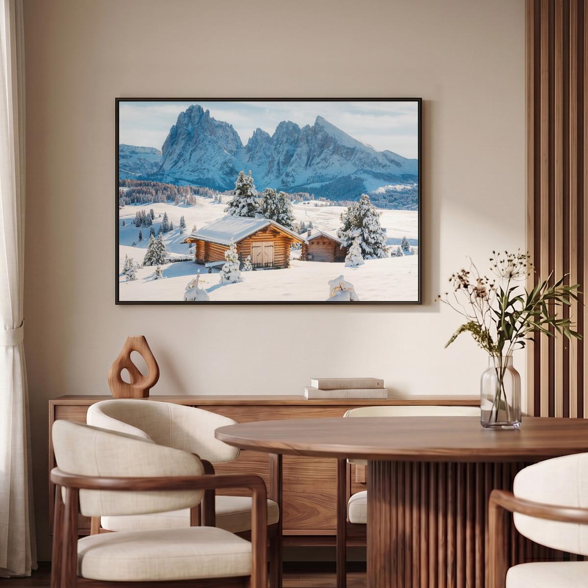 LEINWAND Bilder mit Rahmen - Winter - Hütte - Berge - Aussicht - Schnee - 90x60 - Eichefarben, Textil (90/60cm) - MuchoWow