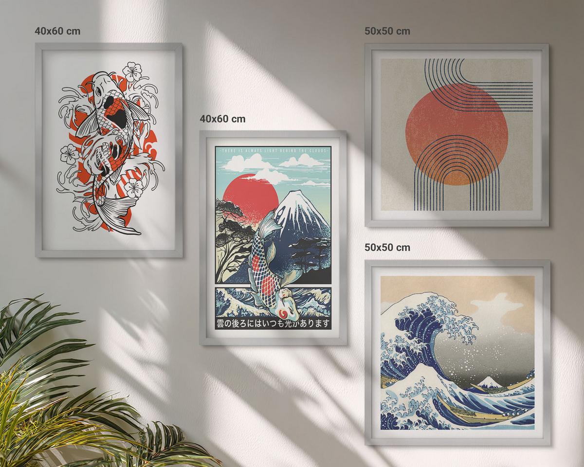 BILDER SET 4er Set - 50x50 cm & 40x60 cm Silberner Rahmen - Illustrationen von Fischbergen, die sich in Japan ausbreiten - Silberfarben, Kunststoff (50/50cm) - TULUP