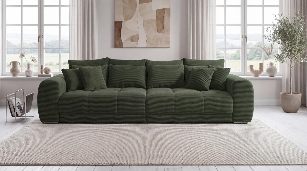 BIG-SOFA Federkern B306/T134/H86 cm, Liegefläche 120x240 cm, Cord Grün / 15172 - Chromfarben/Grün, Textil/Metall (306/86/134cm) - luma-home