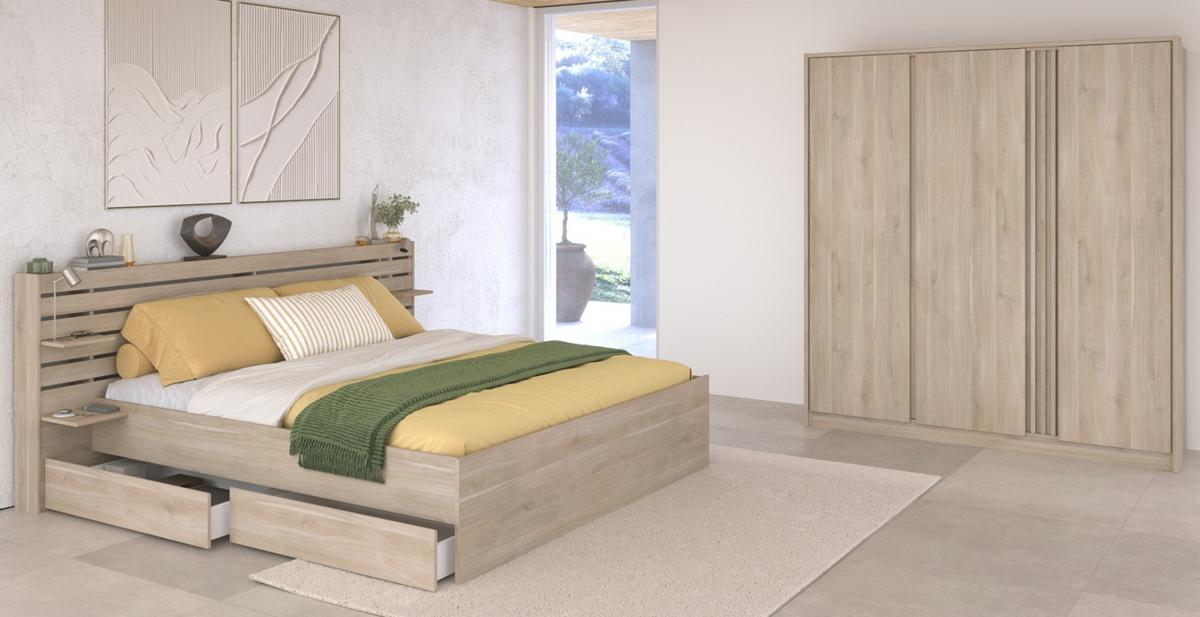 SCHLAFZIMMER-SET Eiche japanisch, Set 2-teilig mit Stauraumbett und Kommode - Eichefarben, Holzwerkstoff/Metall (236/99/217cm) - Parisot Meuble